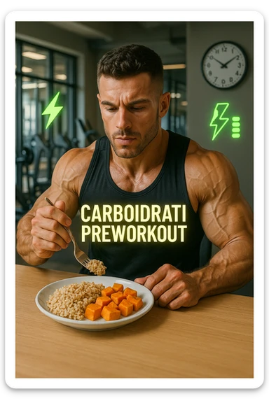 Uomo atletico seduto al tavolo poco prima di andare in palestra, mentre mangia una porzione di riso integrale e patate dolci con un’espressione consapevole e concentrata. Sullo sfondo si intravede la palestra. Sopra al piatto c’è una scritta luminosa 'Carboidrati preworkout'. Accanto a lui, un orologio indica che mancano 45 minuti all’allenamento. Il suo corpo appare pronto, i muscoli sono pieni e ben vascolarizzati, e sullo sfondo ci sono icone simboliche di energia (es. fulmini, barre di energia verdi). Atmosfera motivante e piena di vitalità. in italiano sticker