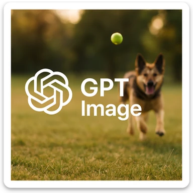  logo of chat gpt with text "GPT Image" on the background of a dog chasing ball, realistic image sticker