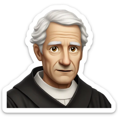"An older man with thinning white hair, a weathered face, and a solemn expression. He wears a black robe with a clerical collar and holds a Bible or rosary, standing in a modest church." sticker