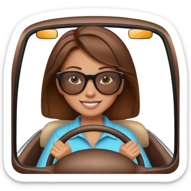 Brown hair woman driving car. Happy face sticker