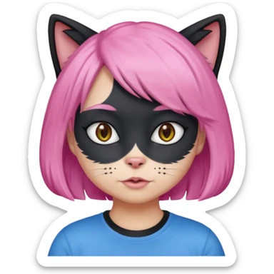 Black cat wearing a pink hair wig, blue T-shirt sticker