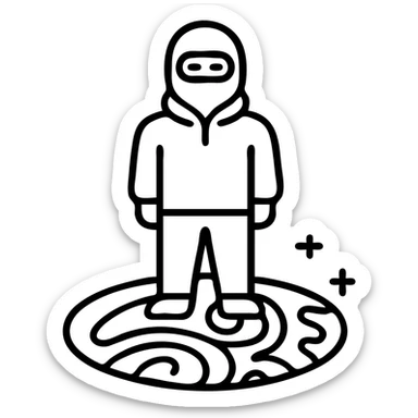 Person in ski mask and hoodie standing on vibrant earth surface with cosmic patterns and fractals flowing beneath feet sticker