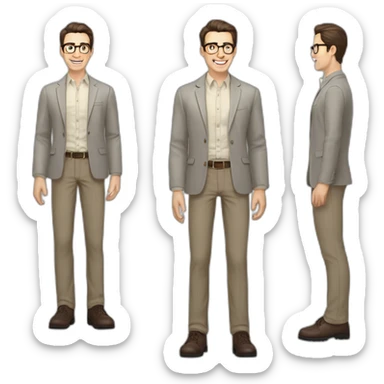 Joyful Full height Pale skinned Fit Man With dark brown hair in gray jacket, beige office shirt, Brown pants and vintage glasses. His thrumbs up sticker