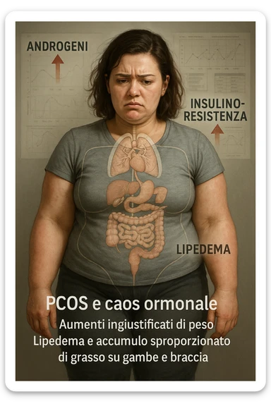 cinematic realistic Woman with PCOS struggling with hormonal chaos, transparent overlay showing elevated androgens and insulin resistance affecting her body, lipedema causing disproportionate fat accumulation in legs and arms despite normal torso, expression of frustration with unexplained weight gain, medical charts showing complex endocrine dysfunction, painful swollen limbs contrasting with metabolic confusion scrivi i testi in italiano sticker