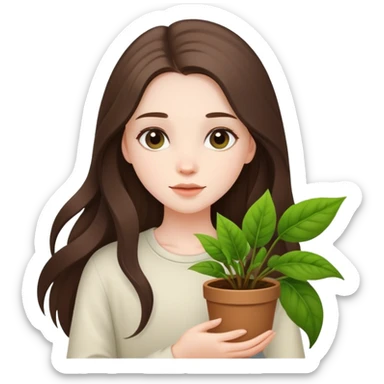 beautiful pale brunette girl with long hair holding plants  sticker