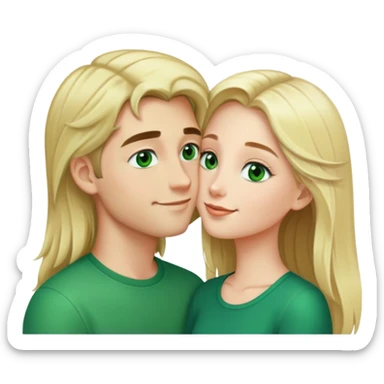 Smiling kissing couple of blonde girl with long hair green eyes and boy with short black hair and green eyes sticker
