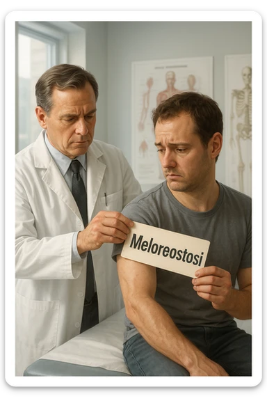 A realistic, cinematic illustration set in a bright, modern medical office. A middle-aged doctor in a white lab coat with a serious expression is shown gently placing a large paper label on the shoulder of a male patient sitting on the examination table. The label has the word 'Meloreostosi' written on it, symbolizing the act of labeling the patient with his rare bone condition. The patient looks confused and slightly disheartened, wearing a simple t-shirt with part of his arm exposed, showing subtle signs of bone thickening or deformation associated with melorheostosis. The background includes medical charts and a softly blurred skeleton model, emphasizing the medical setting. The lighting is bright but neutral, conveying a sterile, clinical atmosphere while focusing on the symbolic moment of receiving a diagnosis label. The mood is introspective and slightly heavy, illustrating the emotional weight of being defined by a rare chronic condition sticker