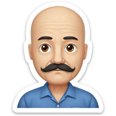 61 years old. Bald with dark hair on the sides. black thick moustache. White beard. saying sorry sticker