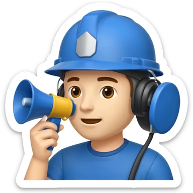 Um homem com capacete azul segurando um megafone sticker