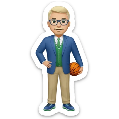 Full Body white male plus size wearing glasses with a goatee with light blonde and gray very short hair happy basketball head Coach in blue and green suit sticker