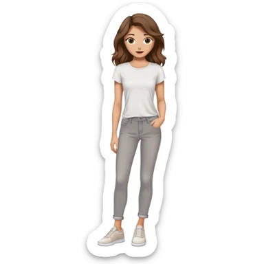 Women with wavy brown hair and hazel eyes with nude lips and white top grey jeans and white shoes sticker