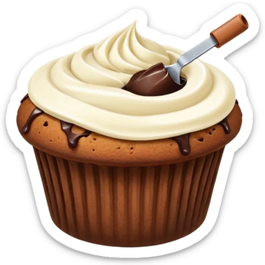 A tube pumping cream into a hole in a muffin sticker