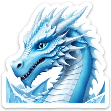 Cinematic Noble wise elegant Ice Dragon Portrait Emoji, Poised and imposing, distinct long elegant snout, with a slender, scaled body shimmering in glacial hues of icy blue, frostbitten silver, and crystalline white, breathing out frost, with piercing, glowing ice blue white eyes that radiate the chilling depths of an arctic storm; rendered in detail. excuding wisdom sticker