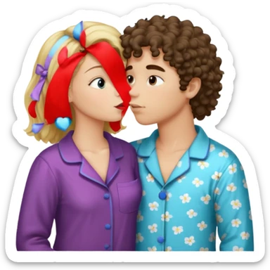 Blonde straight hair girl and dark brown curly haired boy kissing in pajamas sticker