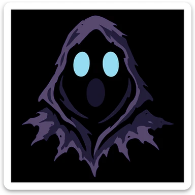 Refine the torn and ruffled hood details, making the edges more jagged and intricate, with extra emphasis on the tattered, ethereal look. Keep the surprised expression and the interplay of light and shadow forming the face, with no background. sticker