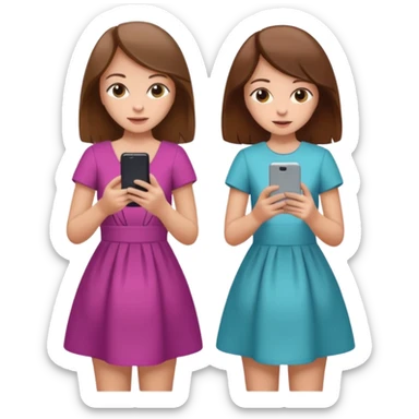 two brown haired girls, looking professional maybe leaned on each others back and looking forward and using phones, with longer hair and with some cute clothes without ties maybe dresses, one girl can hold lap top another one can hold the phone sticker