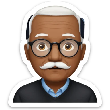 an elderly man with medium-dark skin tone, bald on top with short white hair at the sides, thick white eyebrows, large brown eyes, and wears black-framed glasses.
A small white mustache sits above his mouth sticker