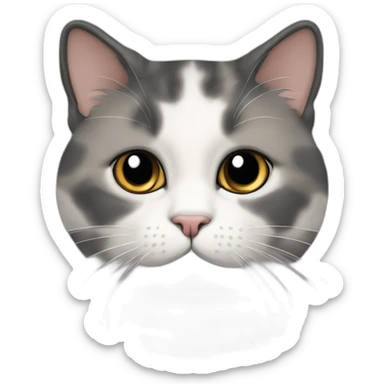 senior chubby diluted calico cat, white chin, black nose, grey ears, grey and white sticker