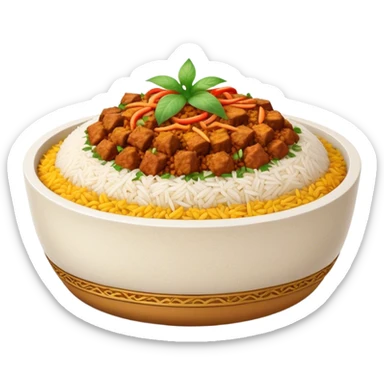 Cinematic Realistic Biryani Dish Emoji, depicted as aromatic basmati rice layered with spiced meat and herbs rendered with vibrant textures and warm, inviting lighting. sticker