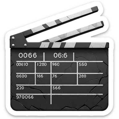 Minimalist emoji-style sticker of a cracked movie clapperboard with the date “06/06/66”, faint scorched marks, all in grayscale


 sticker