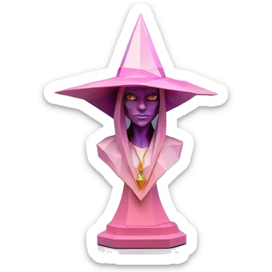 standalone sculpture Mage Witch Hat is geometric, faceted design. The sculpture is standing upright on a base with angular and Alphonse Mucha style. The vibrant midtone tints of pastels and pink highlights the sharp edges and planes.  sticker