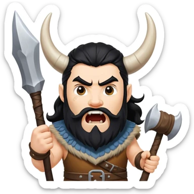 vikingo, con cuerno de vaca, pelo negro ondulado, de pie, grito de guerra en torre de Asgard. sticker
