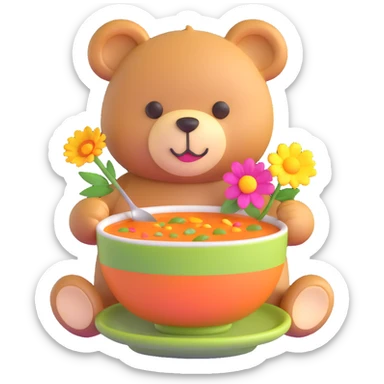 teddy bear with soup and flower sticker