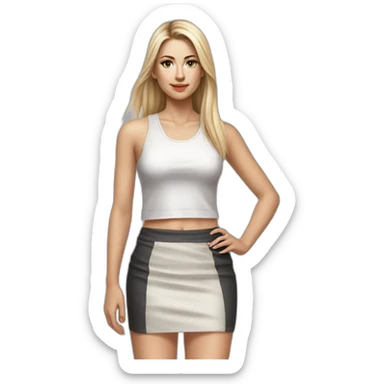 caucasian woman, with long straight hair, blonde hair, brown eyes, white tank top, gray tight mini skirt, black heel shoes, full body, hyperrealist drawing sticker