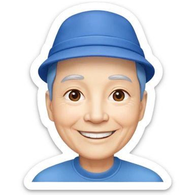 Nam 65 tuổi, tóc ngắn, đội mũ màu xanh, cười tươi, realistic sticker
