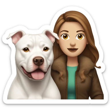 white woman with long brown hair in a furry jacket standing alongside a white pitbull sticker
