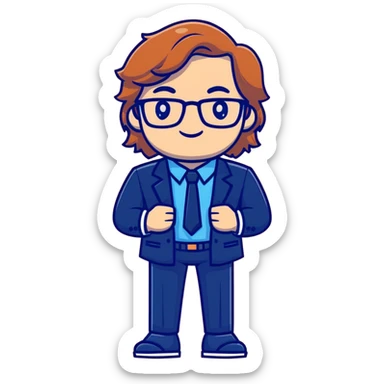 Professional economics channel mascot with shoulder-length wavy light brown hair, rectangular glasses, navy blazer, light blue shirt, empty hands, confident stance sticker