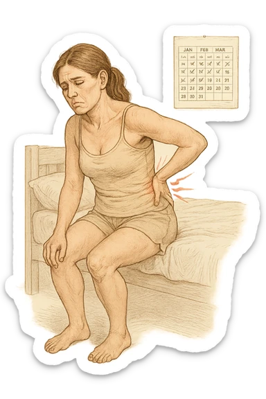 a woman in her 30s sits on the edge of her bed in the morning, holding her lower back with a pained expression. Subtle visual cues, like uneven shoulders or hips, hint at postural asymmetry. The room is softly lit, and a calendar on the wall shows months crossed off, symbolizing chronic pain over the years. vista anatomicamente sticker
