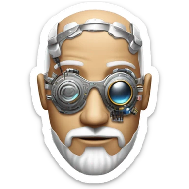 Tan bald male Latino cyborg head with grey beard, silver steampunk monocle goggles and circuits sticker