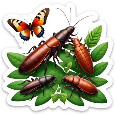 Close-up of giant Madagascar hissing cockroaches, butterflies, and stick insects in their natural habitat. The insects are shown in detail, highlighting their unique textures and colors, surrounded by plants and leaves. Soft lighting to enhance their features. Transparent background. sticker