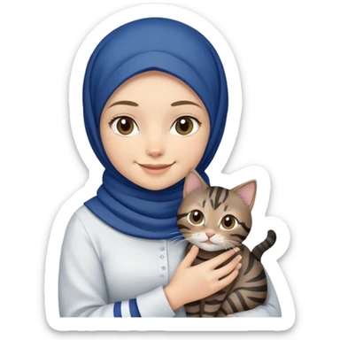 White girl wearing dark blue hijab with white shirt smiling while holding a black grey brown stripes tabby cat sticker