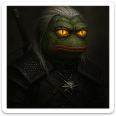 Пэпэ as a Witcher, with glowing yellow eyes and a scarred face sticker