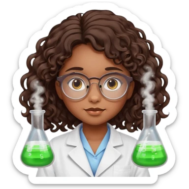 bratz doll with long loose curly dark brown hair, glasses that are round cat eye vibes, in a lab coat mixing beakers that glow shes a 4th grade girl sticker