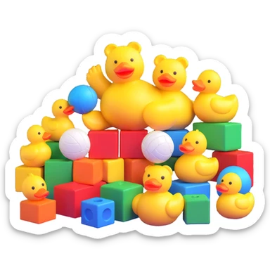 Colorful toys scattered together - teddy bear, rubber duck, toy blocks, ball, and action figures sticker