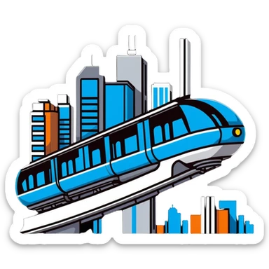 Futuristic monorail train curving above a cityscape with tall buildings sticker