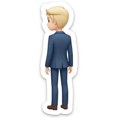 minimal emoji of person in blazer, seen from 3/4 rear angle, standing with good posture, arms by sides, clean lines, simple colors, white background sticker