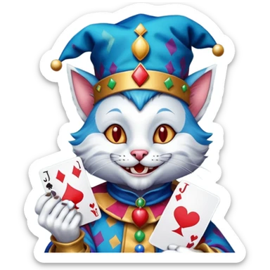 crazy colorful cute little cat jolly joker from poker, medieval, vintage, court jester, mac os icon, blue color, holds a single poker card on the right paw sticker