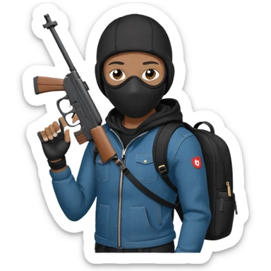 YN wearing a ski mask, holding a gun, black jeans, Sprayground bookbag, confident stance sticker