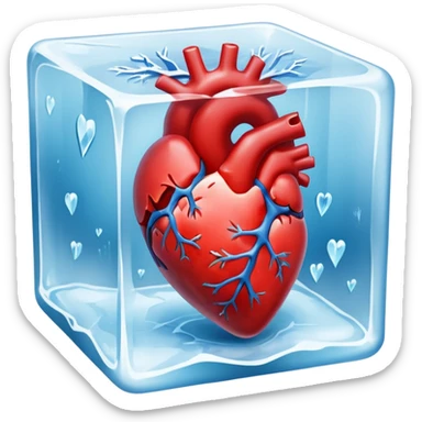 Ultra-realistic photo of a human heart frozen inside a clear ice cube, sharp details, icy texture, frost on the surface, studio lighting, 8k resolution sticker