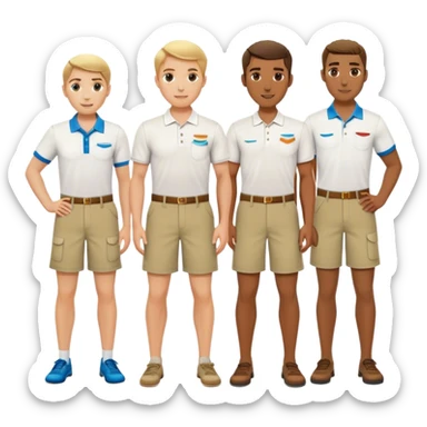 Group of pool attendants. plain white polos, khaki shorts. various races sticker