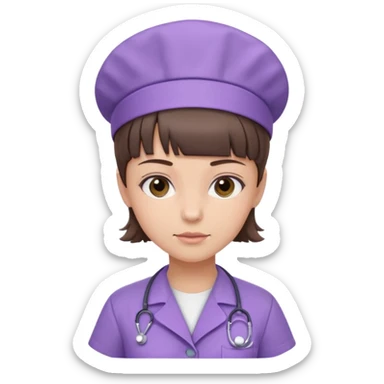 A young female slim nurse with short Brown hair with fringe over her forehead, wearing larvendar purple working cloth, without hat sticker