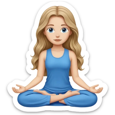 White girl, with long wavy dark blonde hair, meditating wearing blue sticker