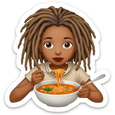Black woman with locs having soup sticker