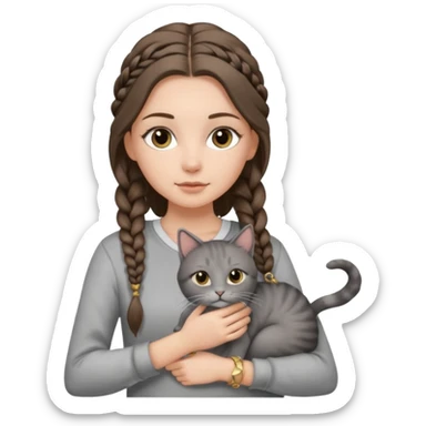 a white girl with long brunette hair in one braid that is over her shoulder. shes holding a grey cat. the girl has long lashes and has on a grey zip up that is half way zipped  and under a white shirt and gold bracelets. sticker