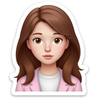 Garota de cabelos longos castanhos, sardas sutil, bochechas redondinhas e lábios levemente rosados, roupas brancas e rosas sticker