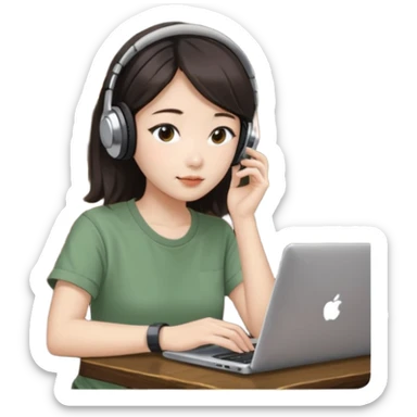A Korean girl at a dive bar with a laptop and headphones with coffee watchin a korean drama the shirt in sage green sticker